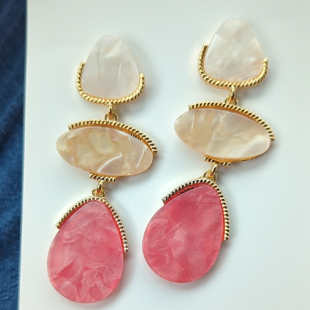 Elegant Pink and Cream Gold-Tone Drop Earrings